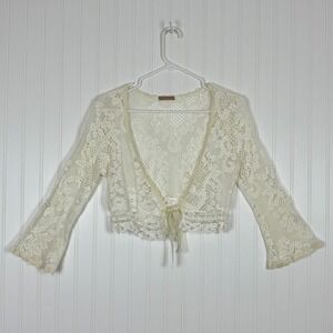Lace Shrug Cardigan Small Ivory Floral Bell Sleeve Boho Coquette Tie Fairy